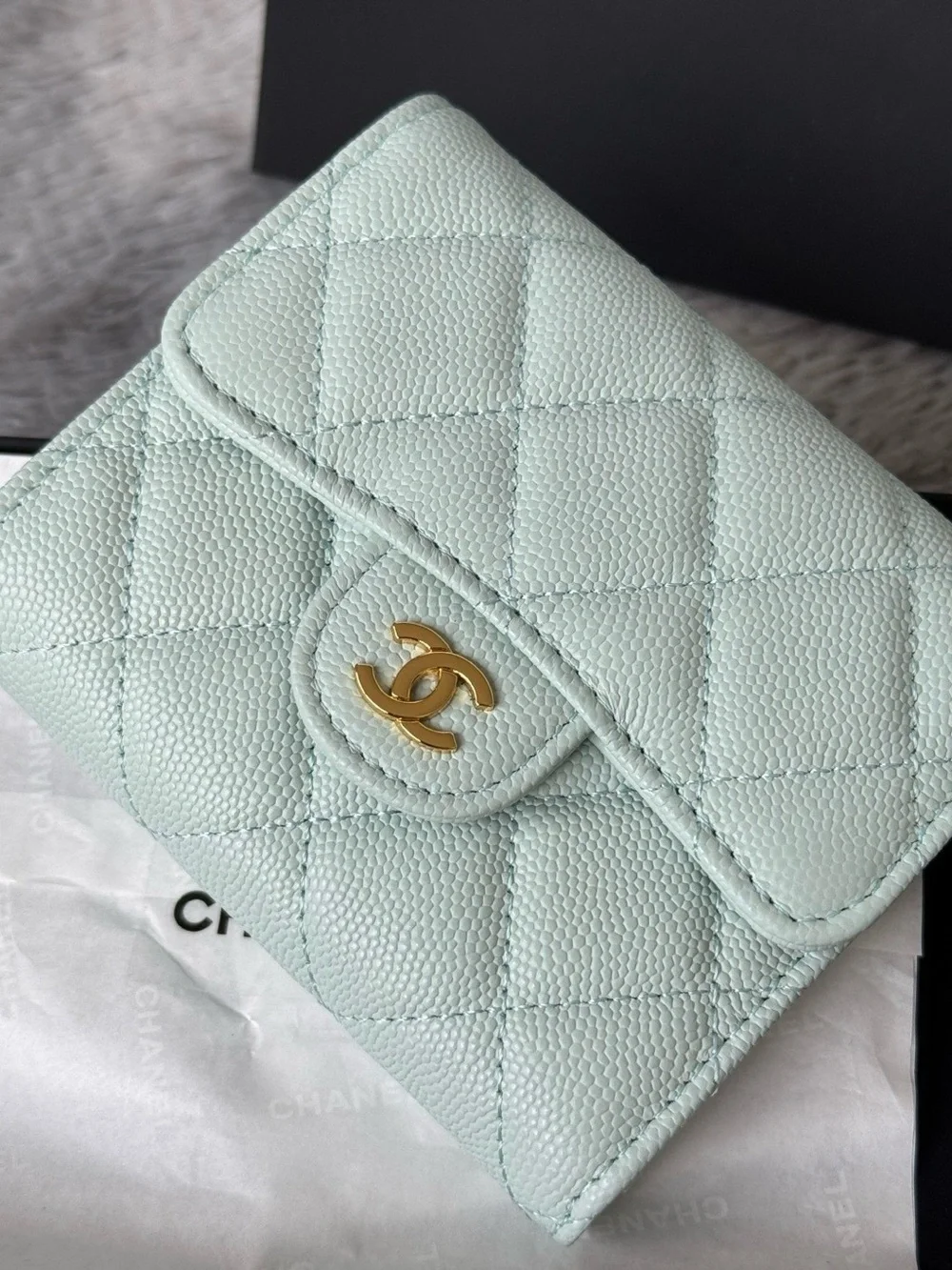 CHANEL Mint Quilted Leather Compact Wallet with Gold CC